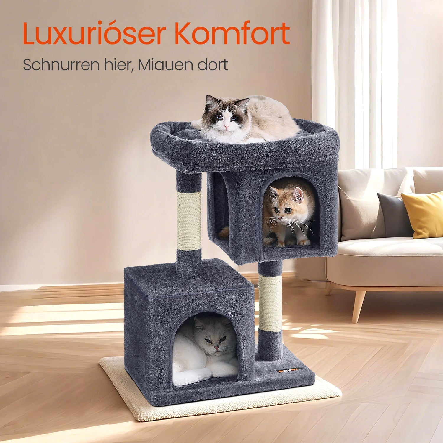 Kratzbaum Große Plattform mit 2 Höhlen und Sisalstämmen Stabil