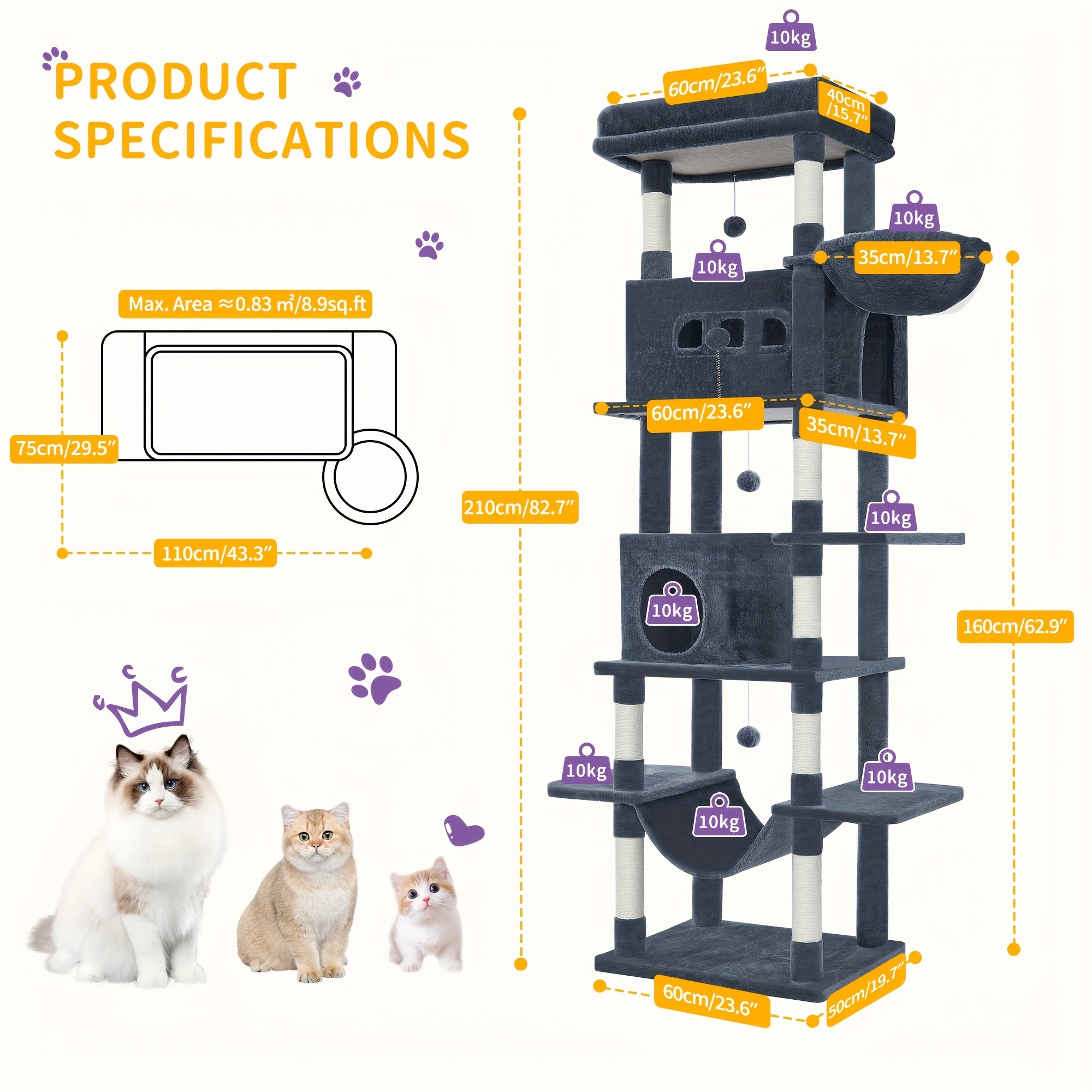 Großer Katzenbaum mit Liegeplatz Waschbarer Matte und 2 Nischen