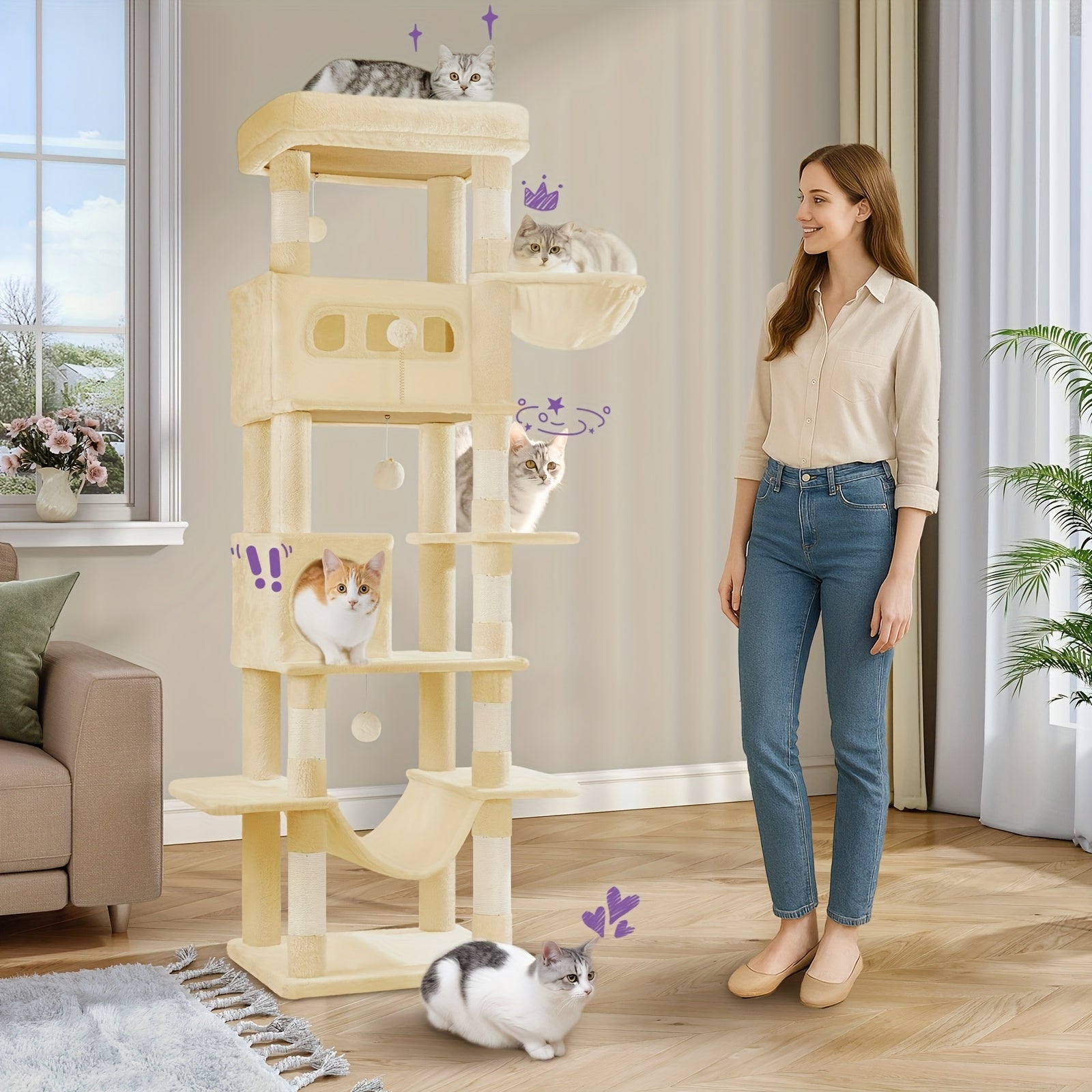 Großer Katzenbaum Mehrstufiges Haus mit 8 Kratzstämmen und Hängematte