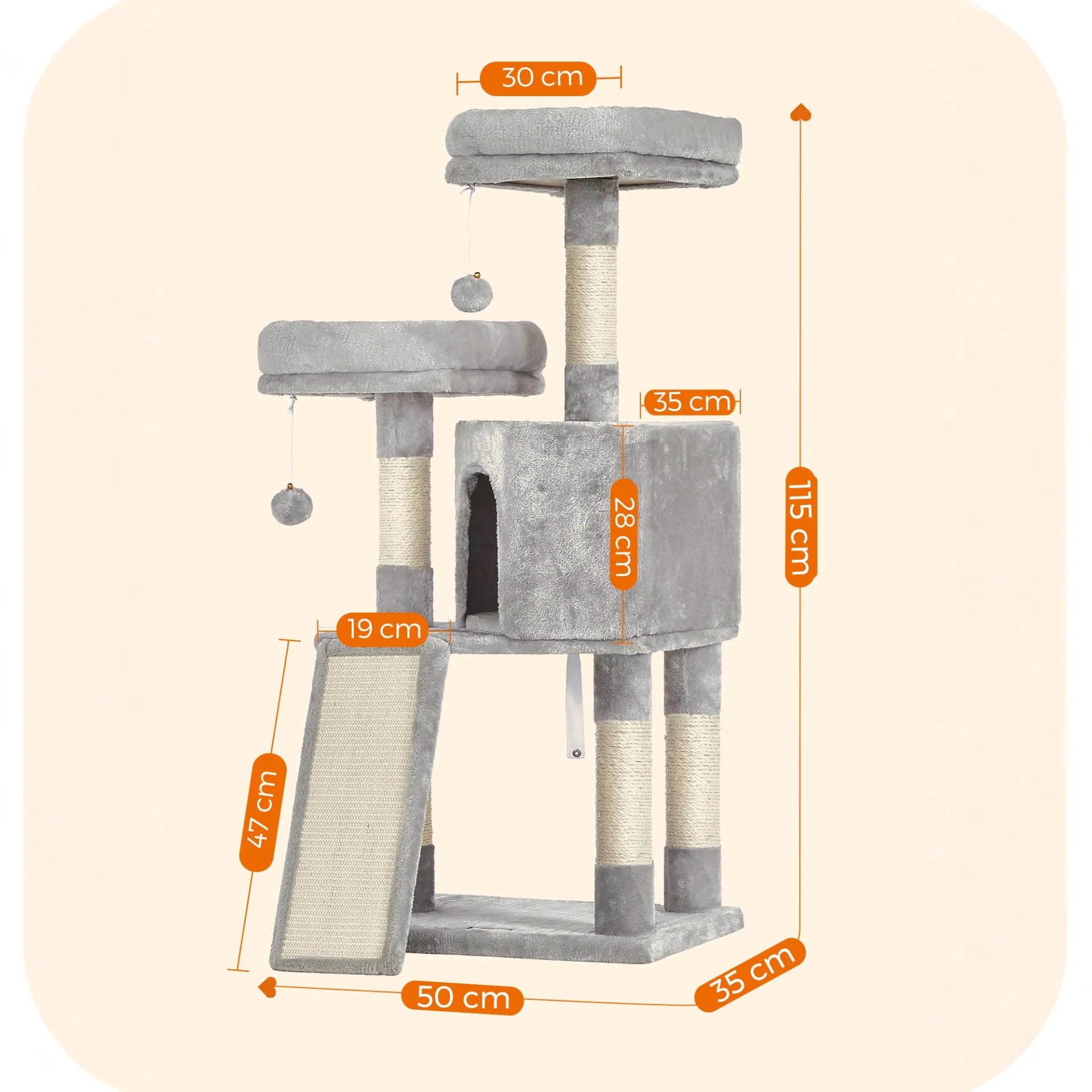 Kratzbaum Mehrstufig mit Höhle Rampe und Pom-Poms