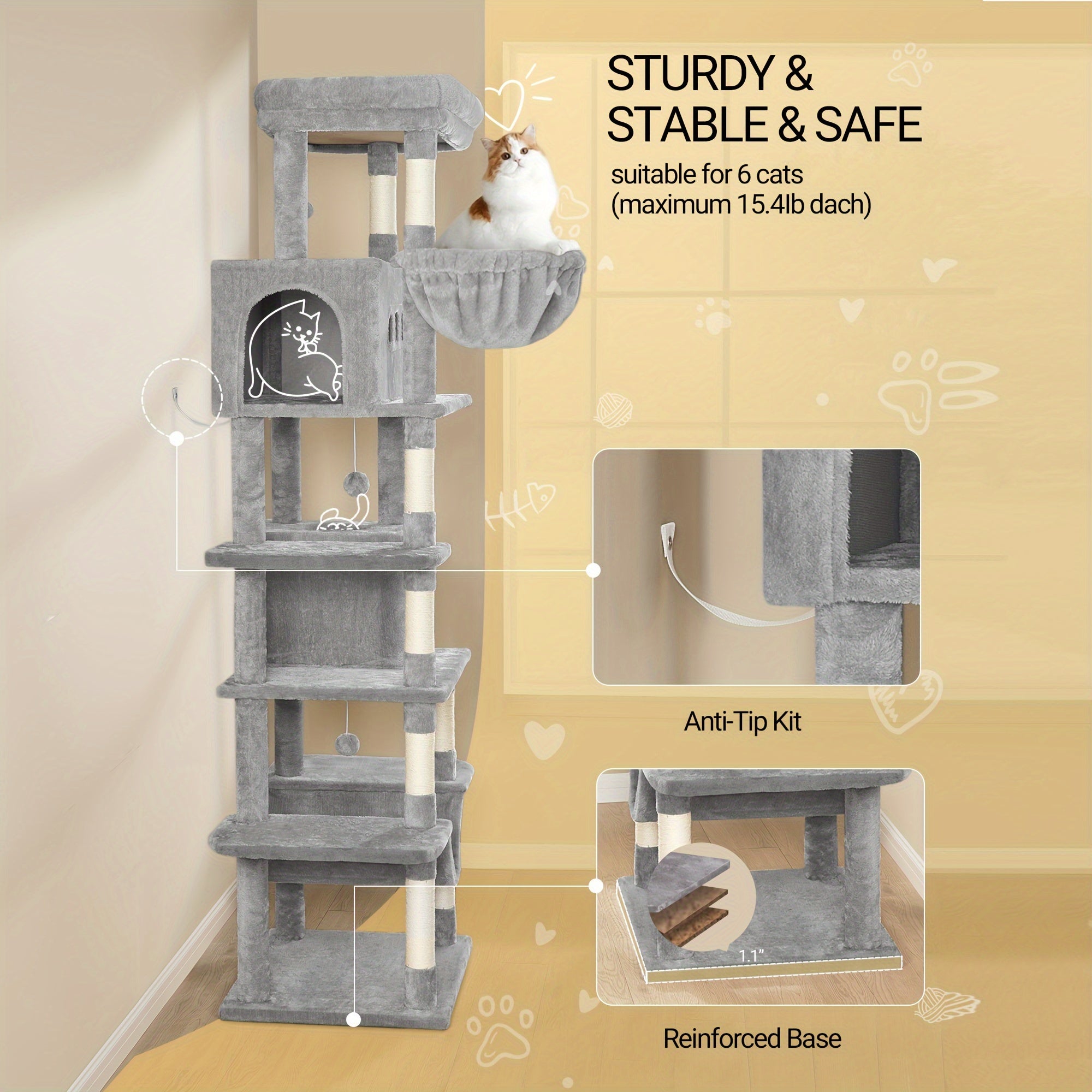 Großer Katzenbaum mit Liegeplatz Waschbarer Matte und 2 Nischen