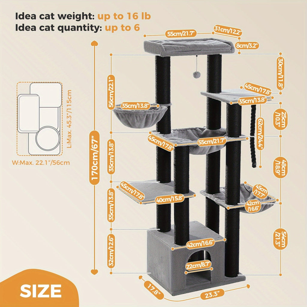 Großer Kratzturm Mehrstufig mit Hängematten für Erwachsene Katzen