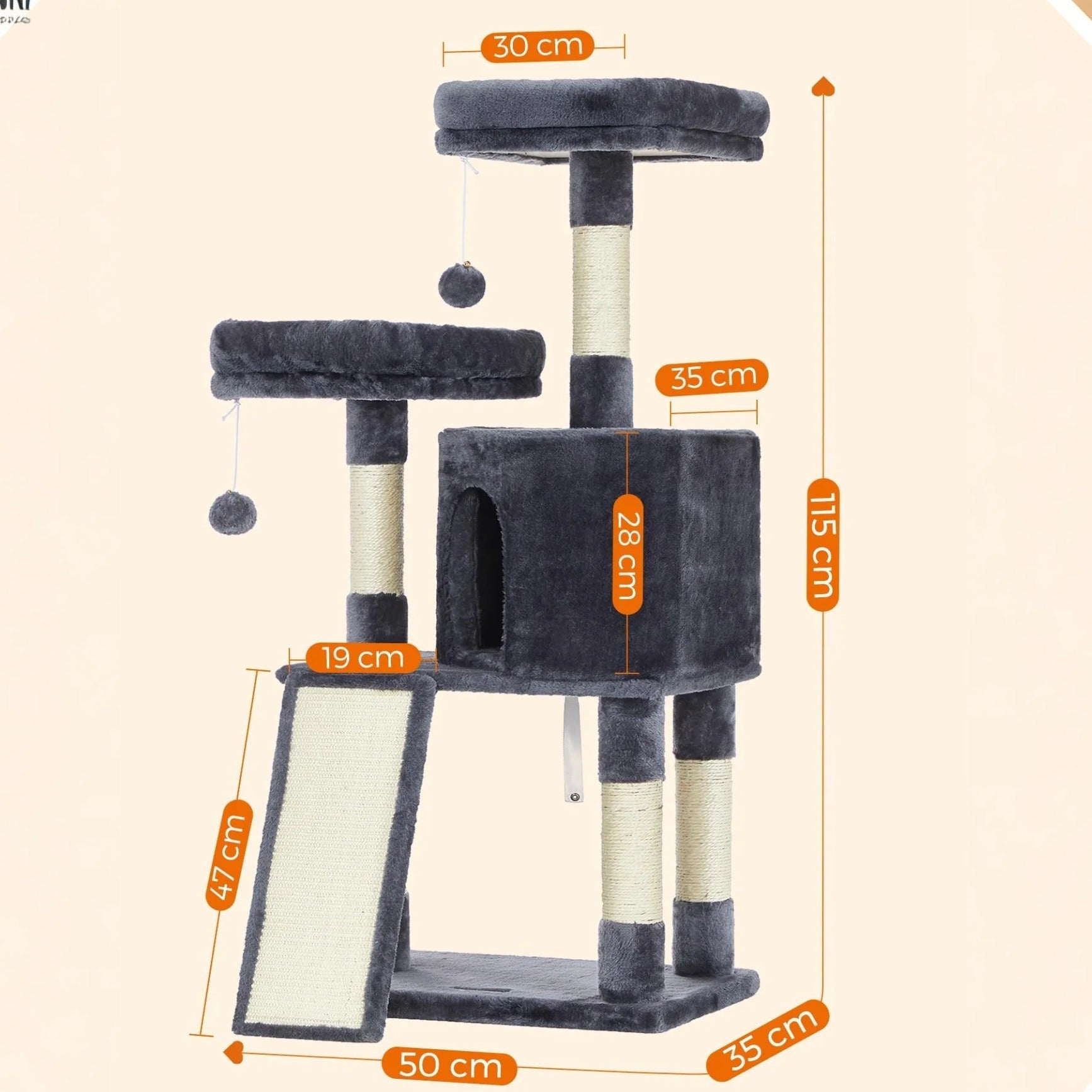 Kratzbaum Mehrstufig mit Höhle Rampe und Pom-Poms