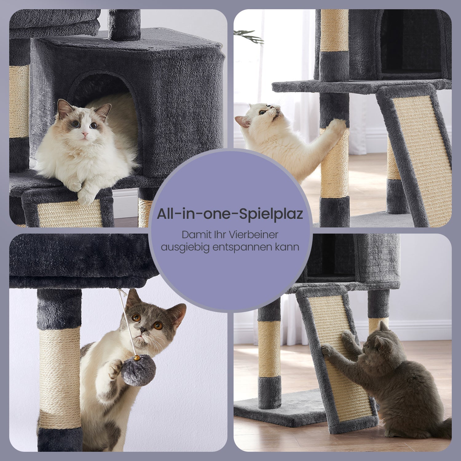 Kratzbaum Mehrstufig mit Höhle Rampe und Pom-Poms