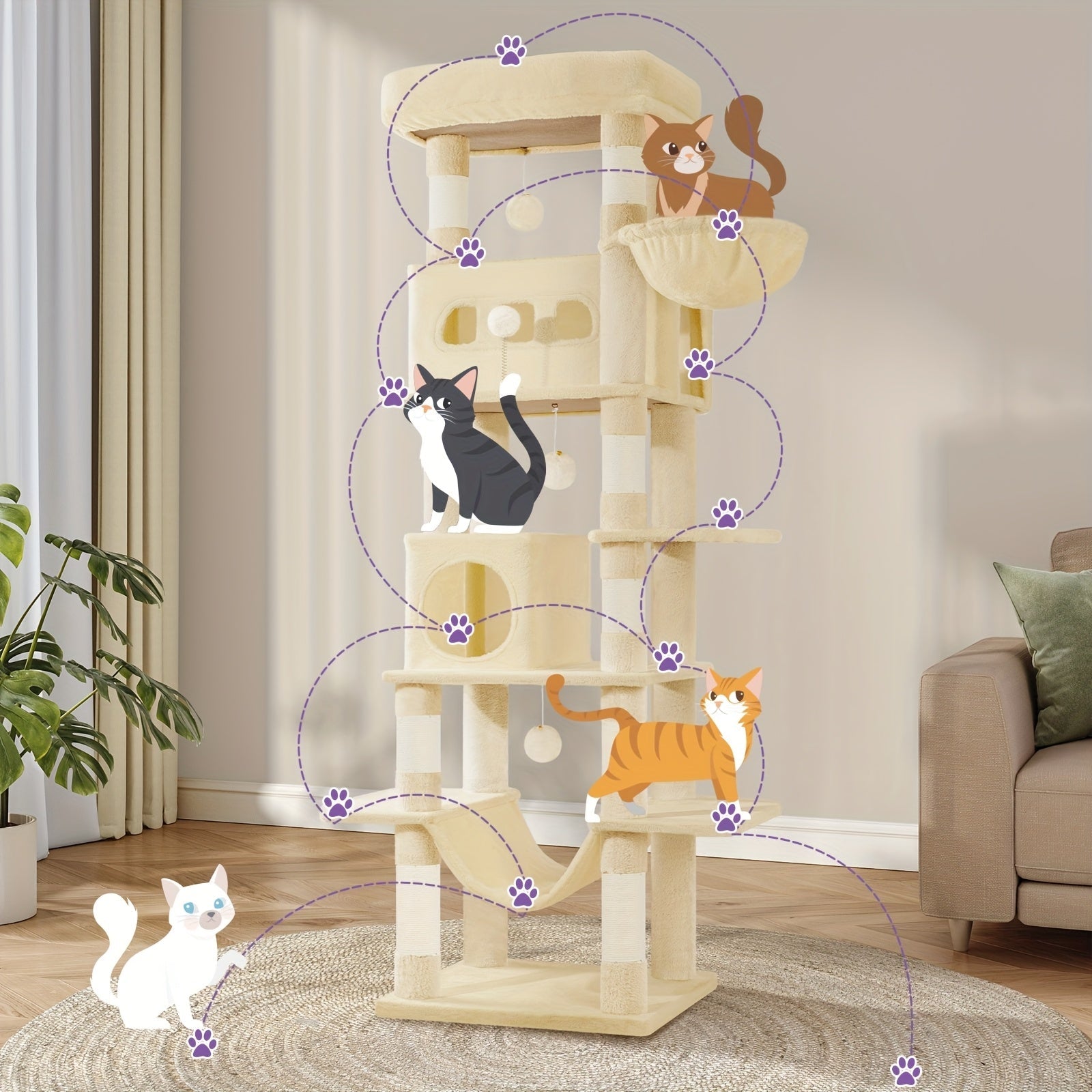 Großer Katzenbaum Mehrstufiges Haus mit 8 Kratzstämmen und Hängematte