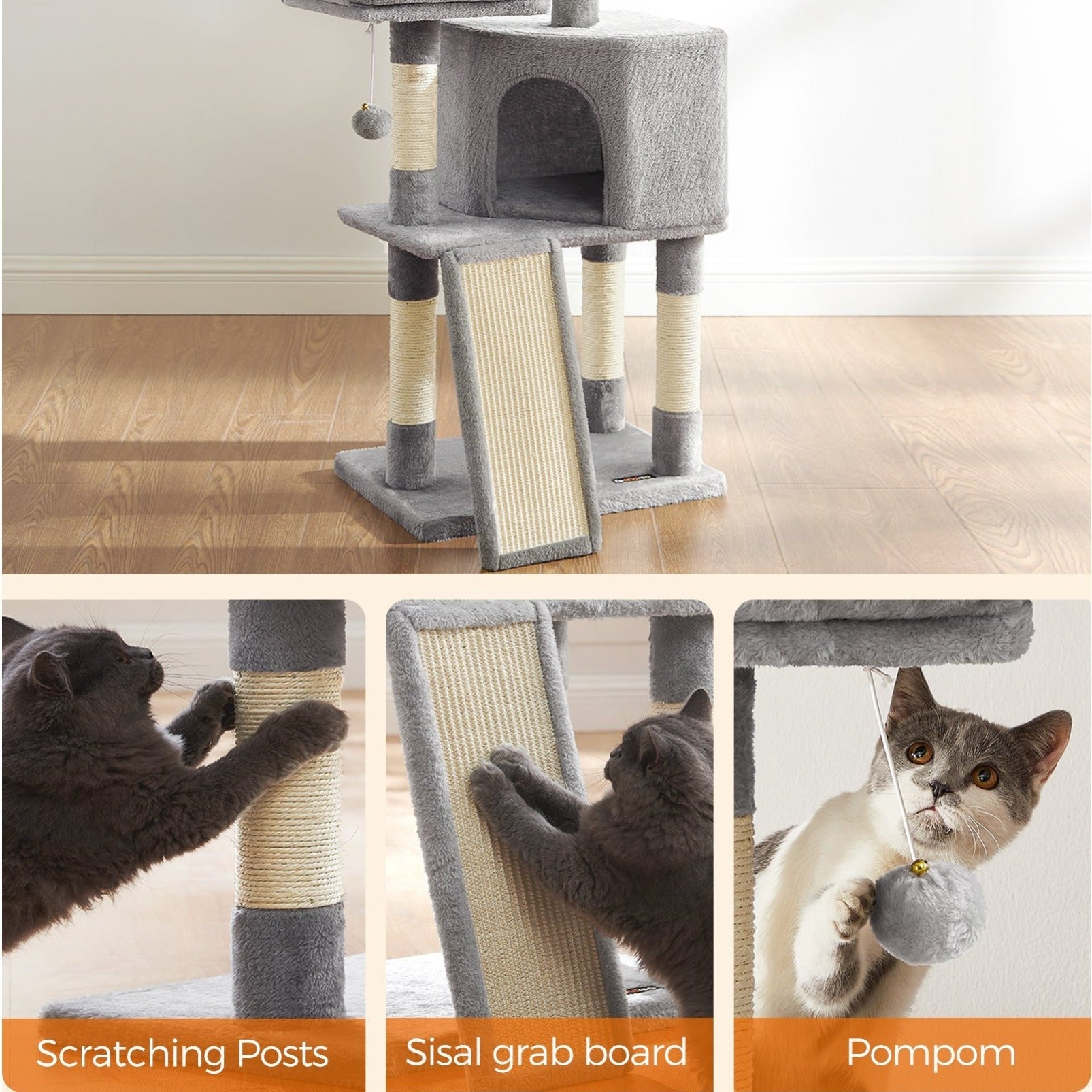 Kratzbaum Mehrstufig mit Höhle Rampe und Pom-Poms