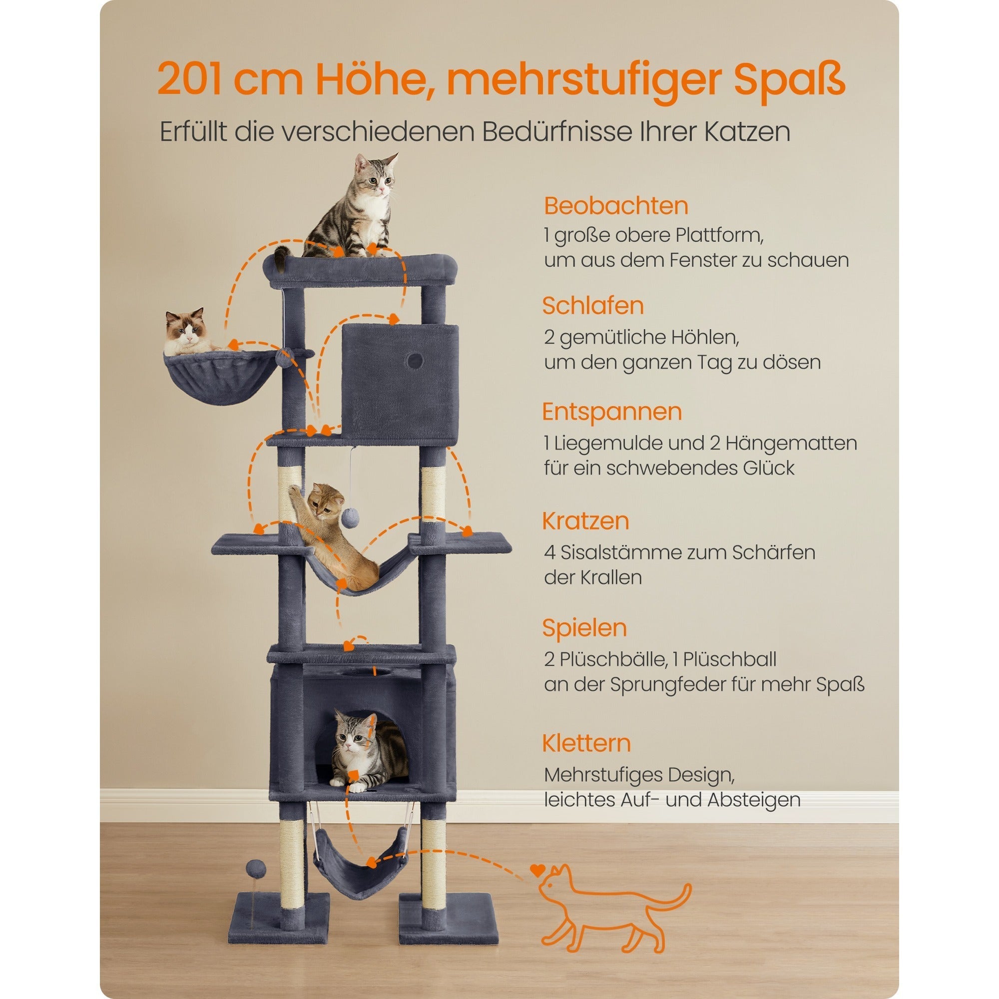 Katzenbaum Mehrstufig mit Plattform Höhlen und Hängematten