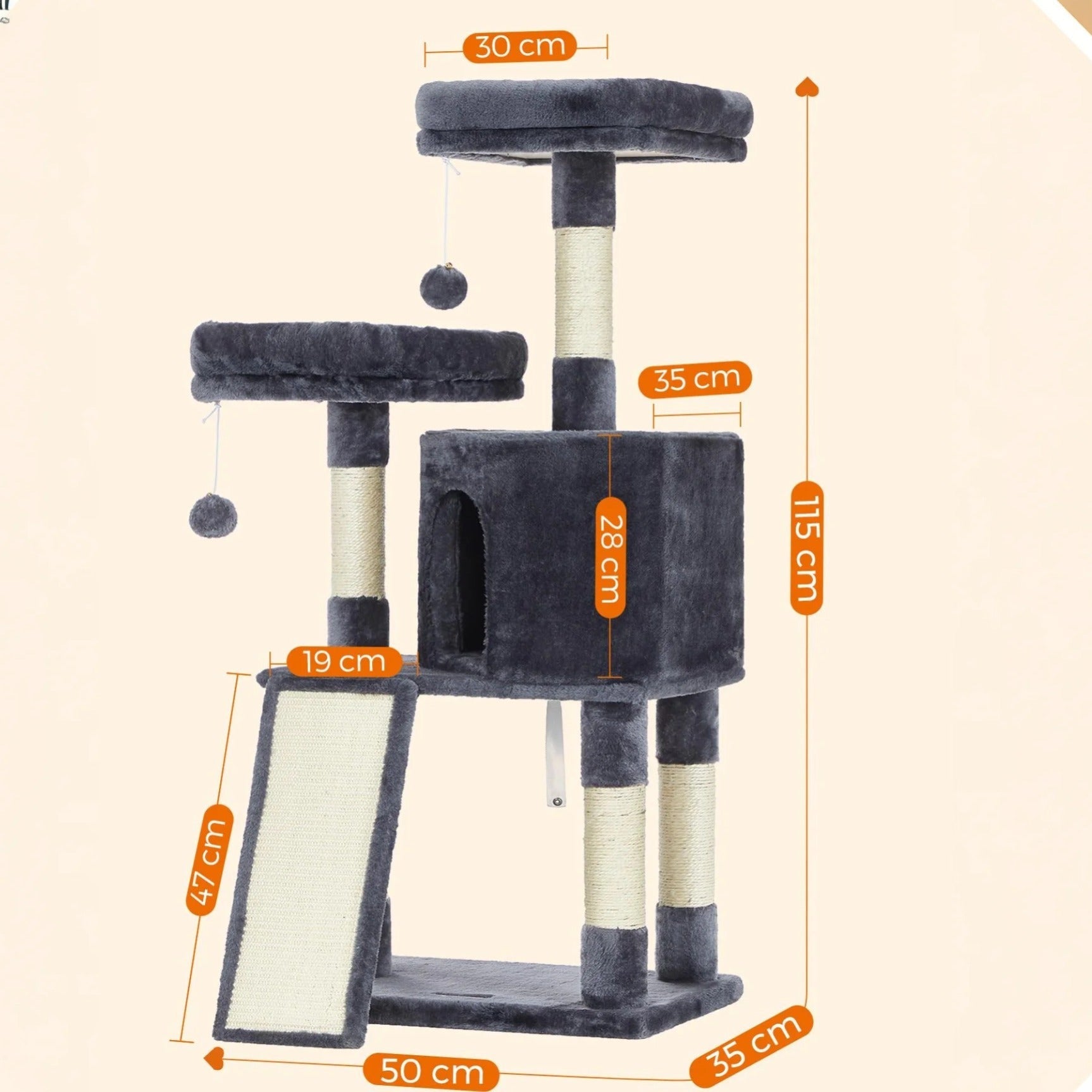 Kratzbaum Mehrstufig mit Höhle Rampe und Pom-Poms