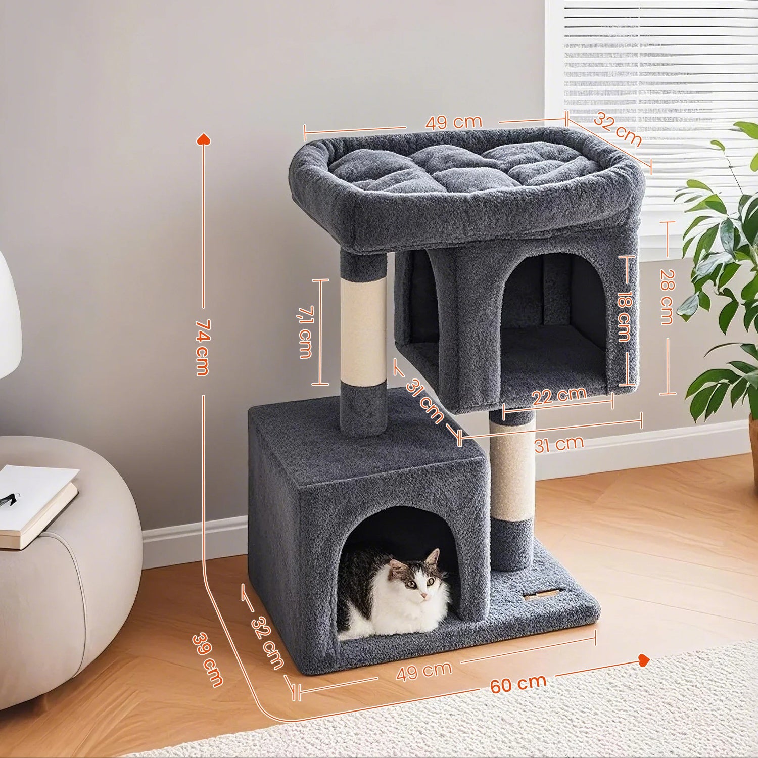 Kratzbaum Große Plattform mit 2 Höhlen und Sisalstämmen Stabil